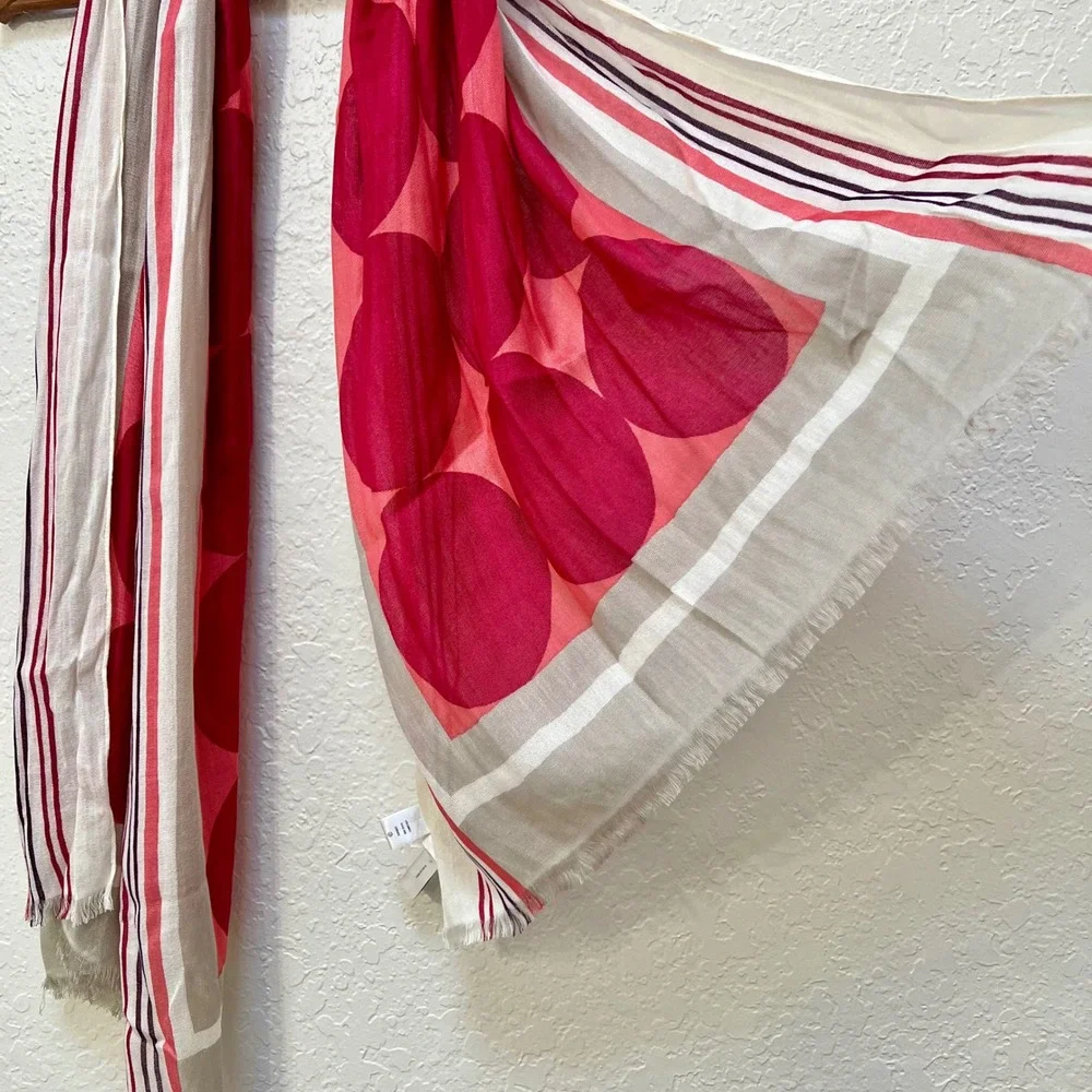 LOFT Women's Red Pink Tan Circles Stripes Lightweight Scarf Rayon‎ Not